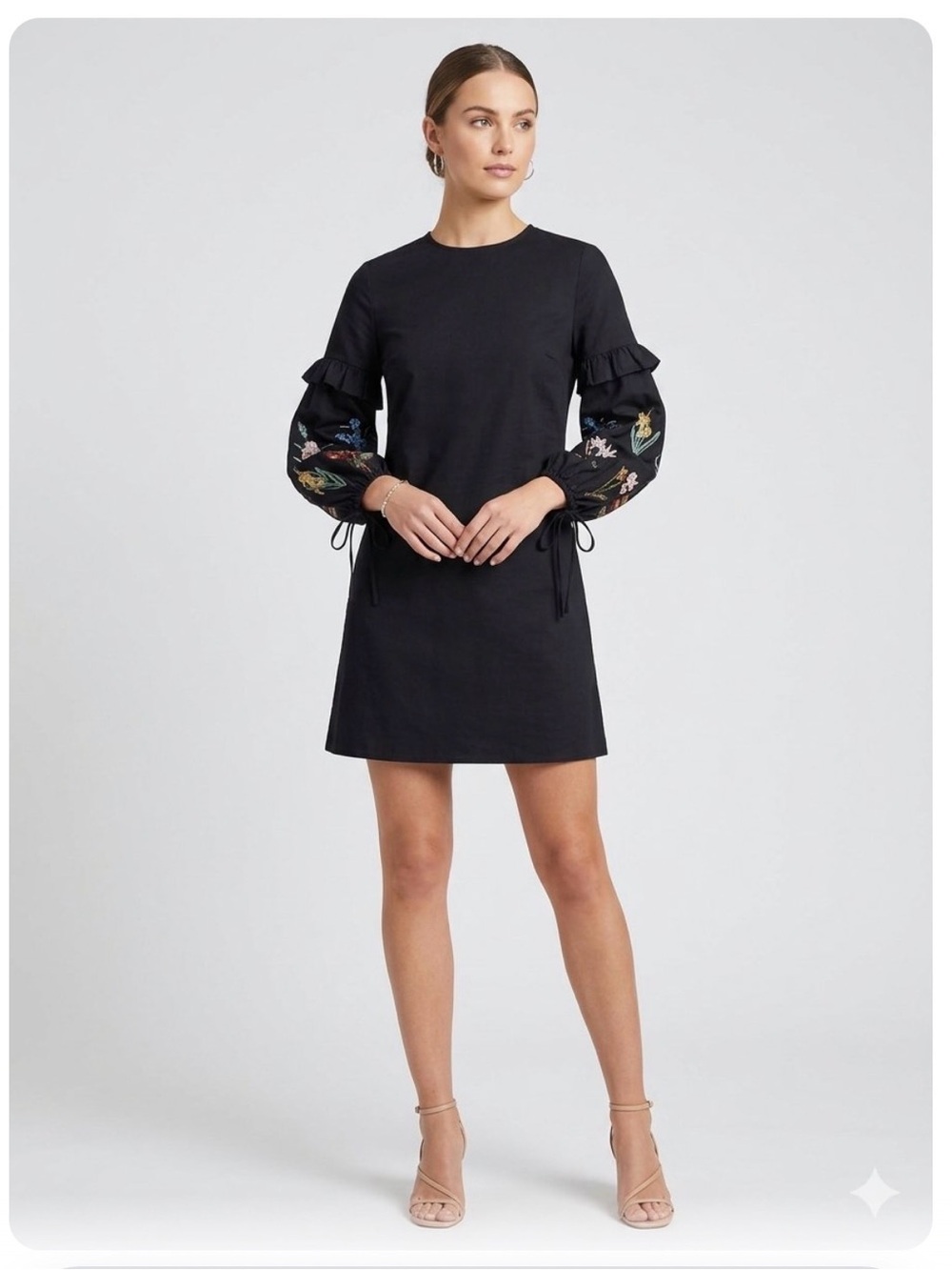 Black Shift Dress with Embroidered Puff Sleeves
